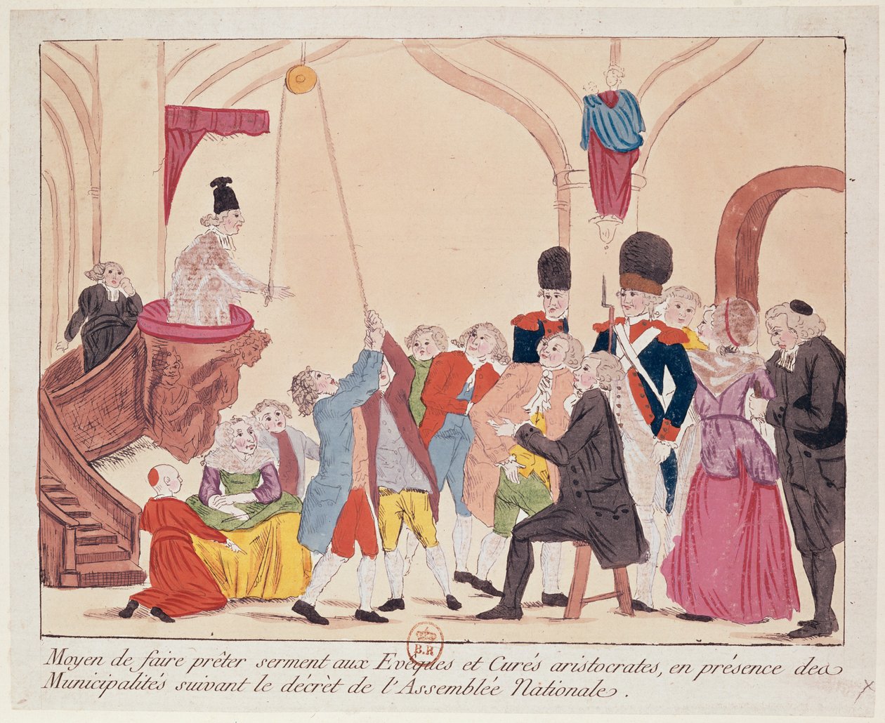 Karikatur av måten å få aristokratiske biskoper og prester til å sverge for den sivile grunnloven om kirken, sent på 1700-tallet (penn og blekk og wc på papir) av French School