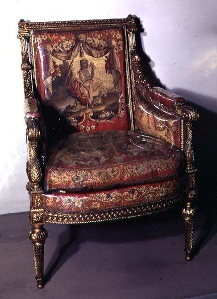 Utskåret lenestol, trukket med billedvev, ca. 1780 (forgylt tre) av French School
