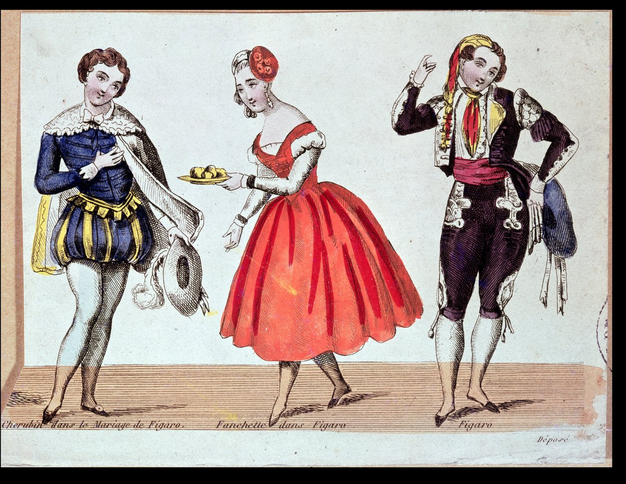 Cherubino, Fanchette og Figaro, scene fra 'Figaros bryllup' av Pierre Augustin Caron de Beaumarchais (1732-99) 1784 av French School