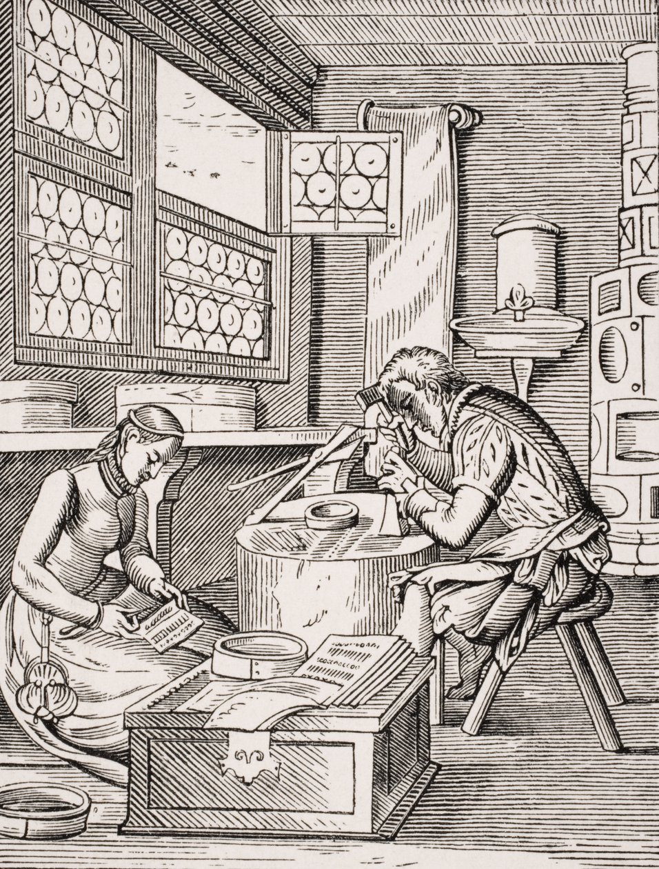 Clasp Maker, reproduksjon av et tresnitt av Jost Amman (1539-91) fra 'Le Moyen Age et La Renaissance' av Paul Lacroix (1806-84) utgitt 1847 av French School
