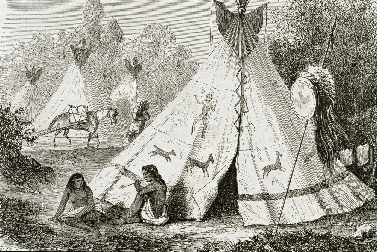 Comanche Indian Camp på 1850-tallet, fra 'Le Tour du Monde', utgitt i Paris, 1860-tallet av French School