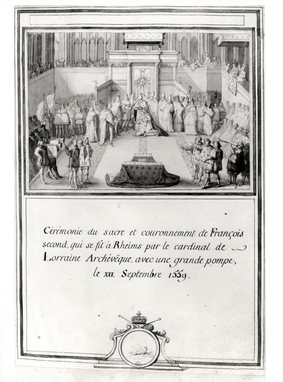 Kroningen av Frans II (1544-60), 21. september 1559 i Reims av erkebiskopen kardinal de Lorraine av French School