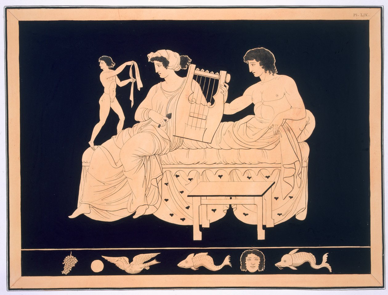 Par slapper av med en lyre, publisert 1808-10 88:illustrasjon fra en innbinding av Peintures de Vases Antiques Vulgairement Appeles Etrusques av Aubian Louis Millin de Grandmaison, med I av French School