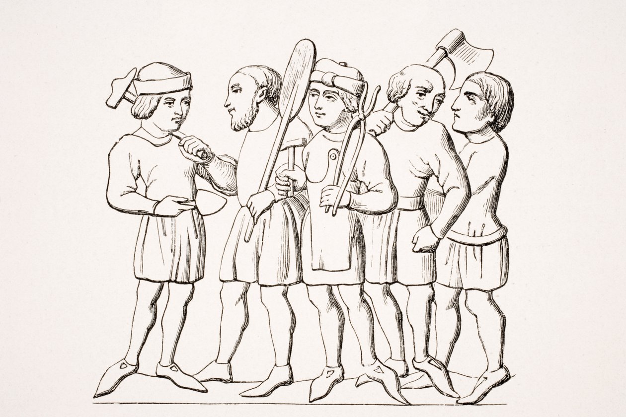 Håndverkere, reproduksjon av en miniatyr i et manuskript fra 1300-tallet, fra 