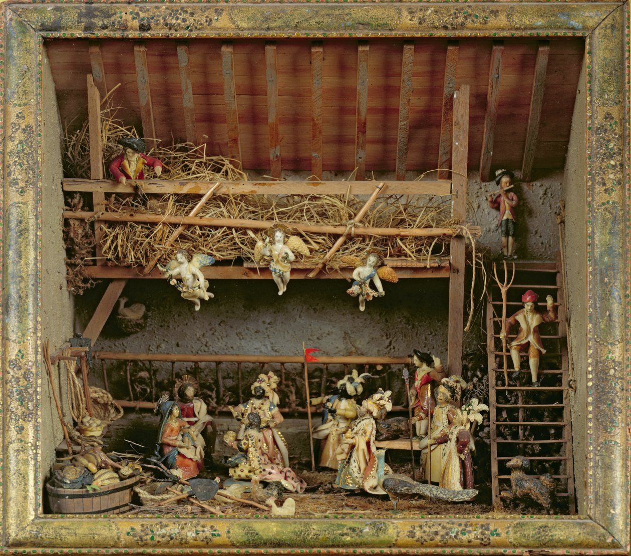 Barneseng med figurer laget av brød (blandet medium) av French School