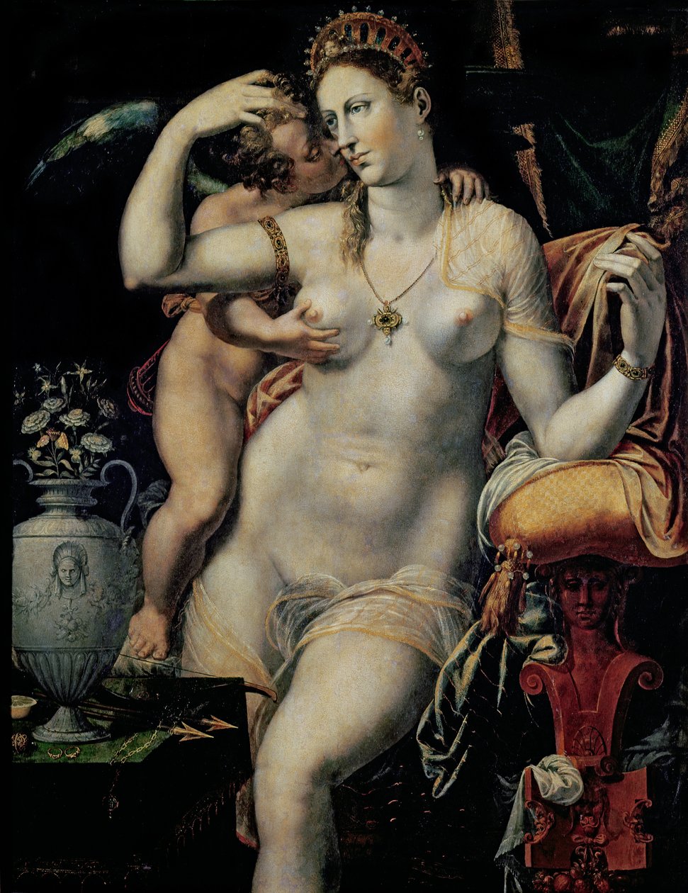 Amor som kjærtegner Venus av French School
