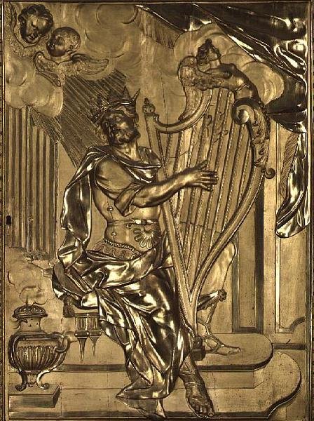 David spiller harpe, detalj fra orgelkassen i kapellet (forgylt tre) av French School