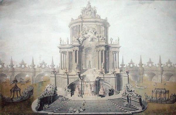 Dekorasjonsdesign for feiringen av ekteskapet til Dauphin Louis av Frankrike (1729-65) 1745 (wc og gouache på papir) av French School