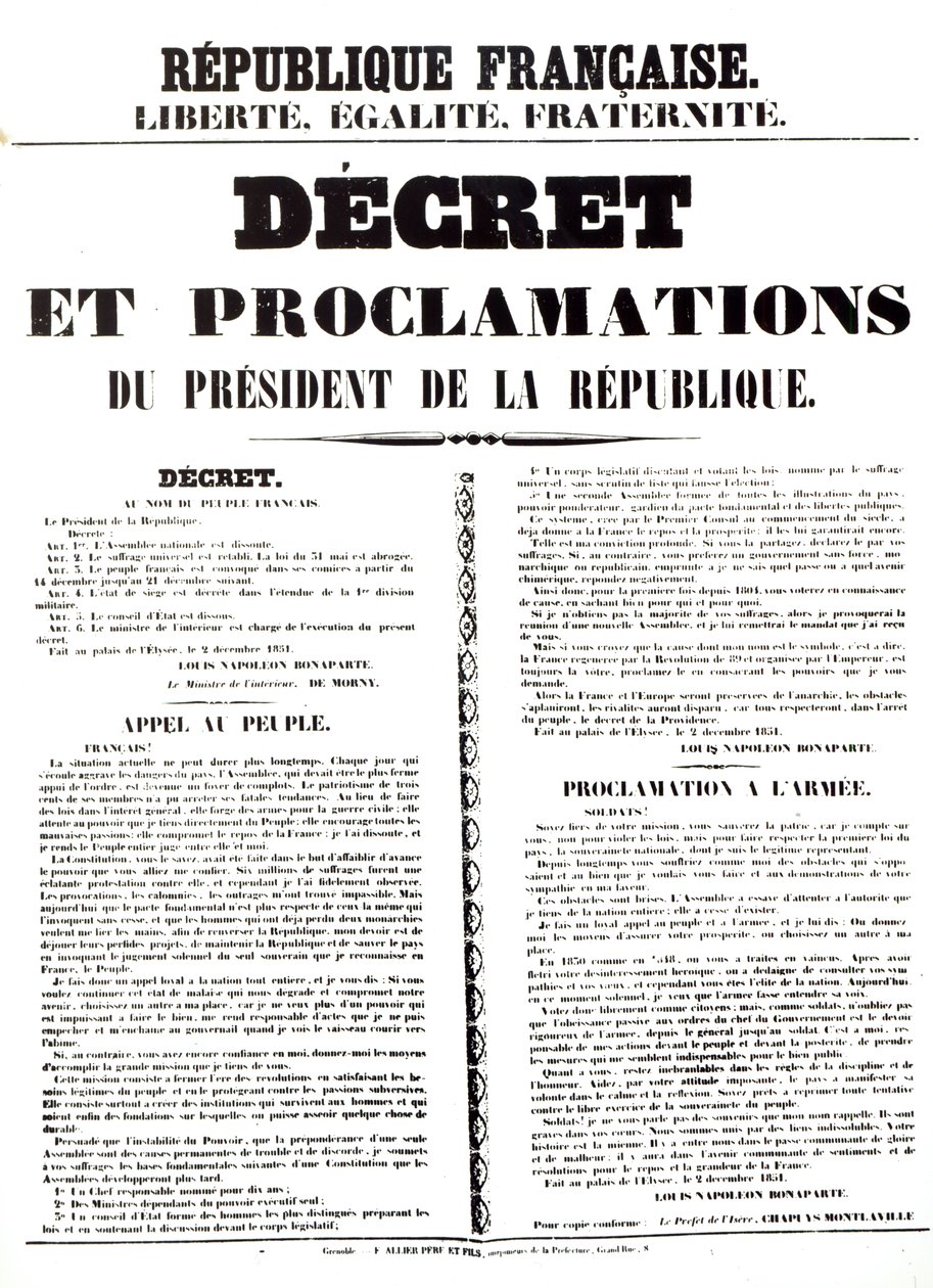 Dekret og proklamasjon av Louis Napoleon Bonaparte III (1808-73), republikkens president, 2. desember 1851 av French School