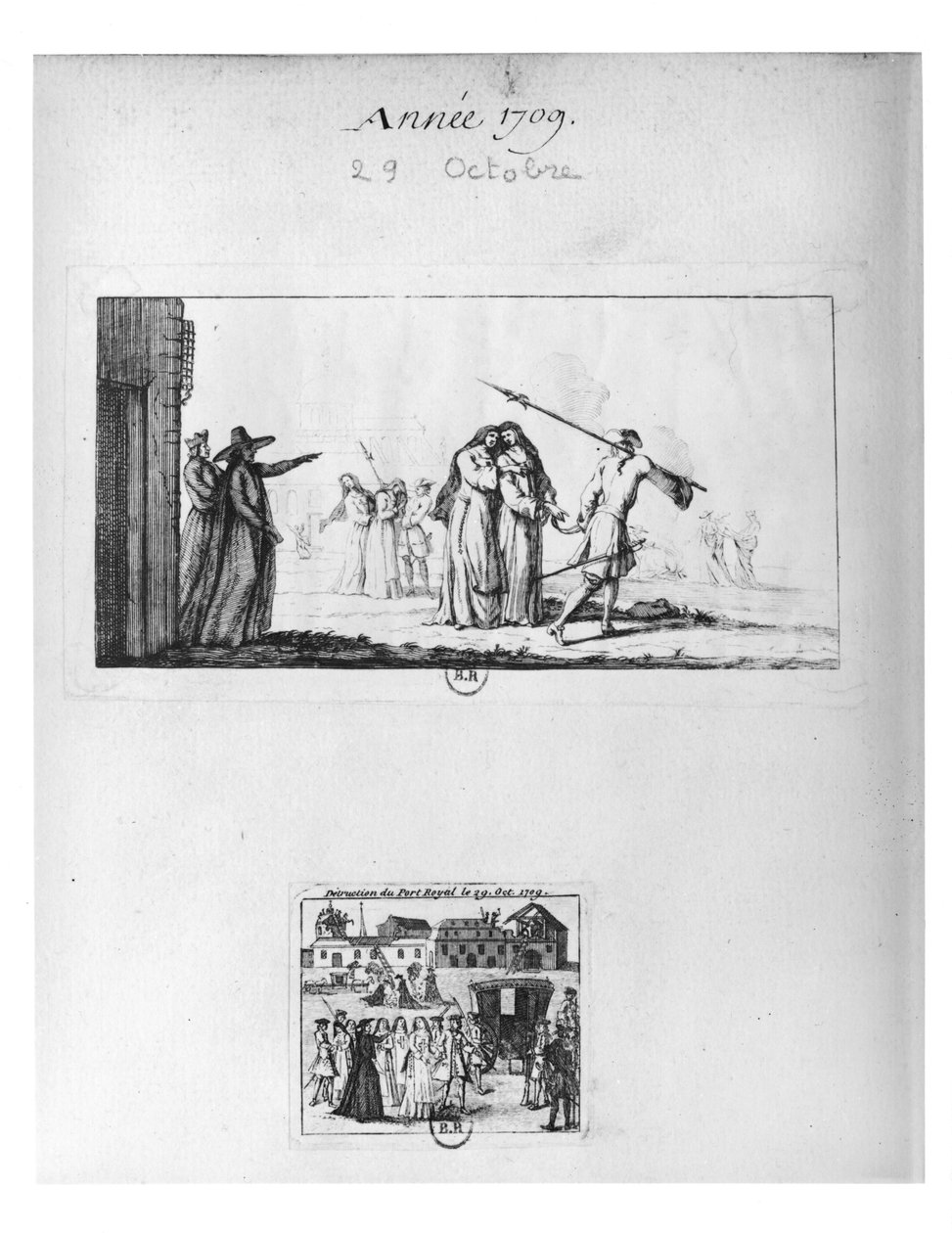 Ødeleggelse av Port-Royal des Champs og arrestasjon av nonnene 29. oktober 1709 (gravering) (bw-bilde) av French School