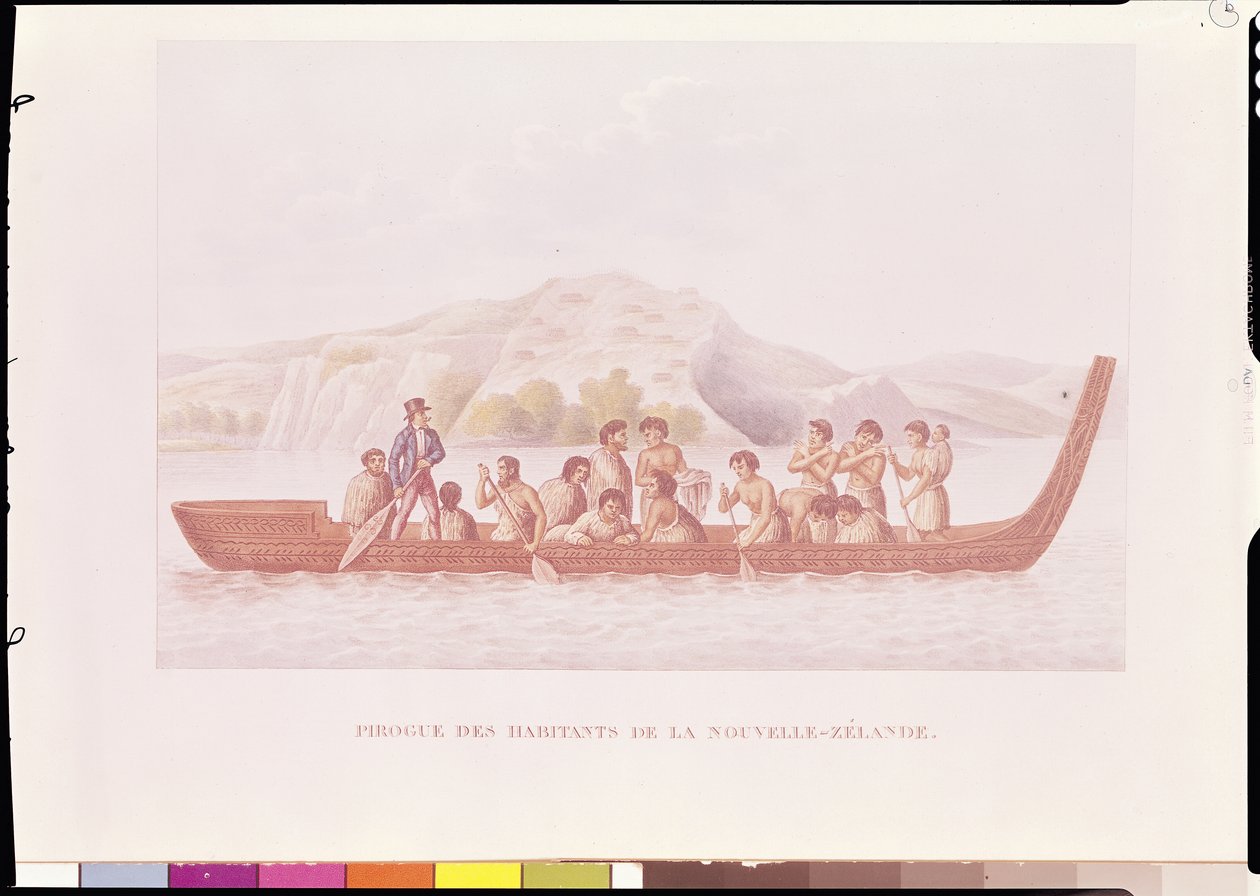 Dugout kano pilotert av innfødte i New Zealand, illustrasjon fra "Voyage Around the World in the Corvette La Coquille" av Louis Isidore Duperrey (1786-1865) av French School