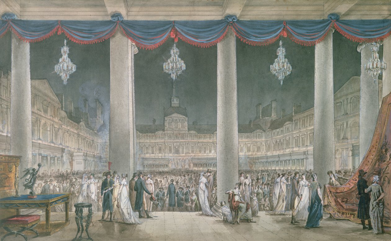 Utstilling av industriens produkter i gårdsplassen til Louvre i 1801 (gouache und wc på papir) av French School