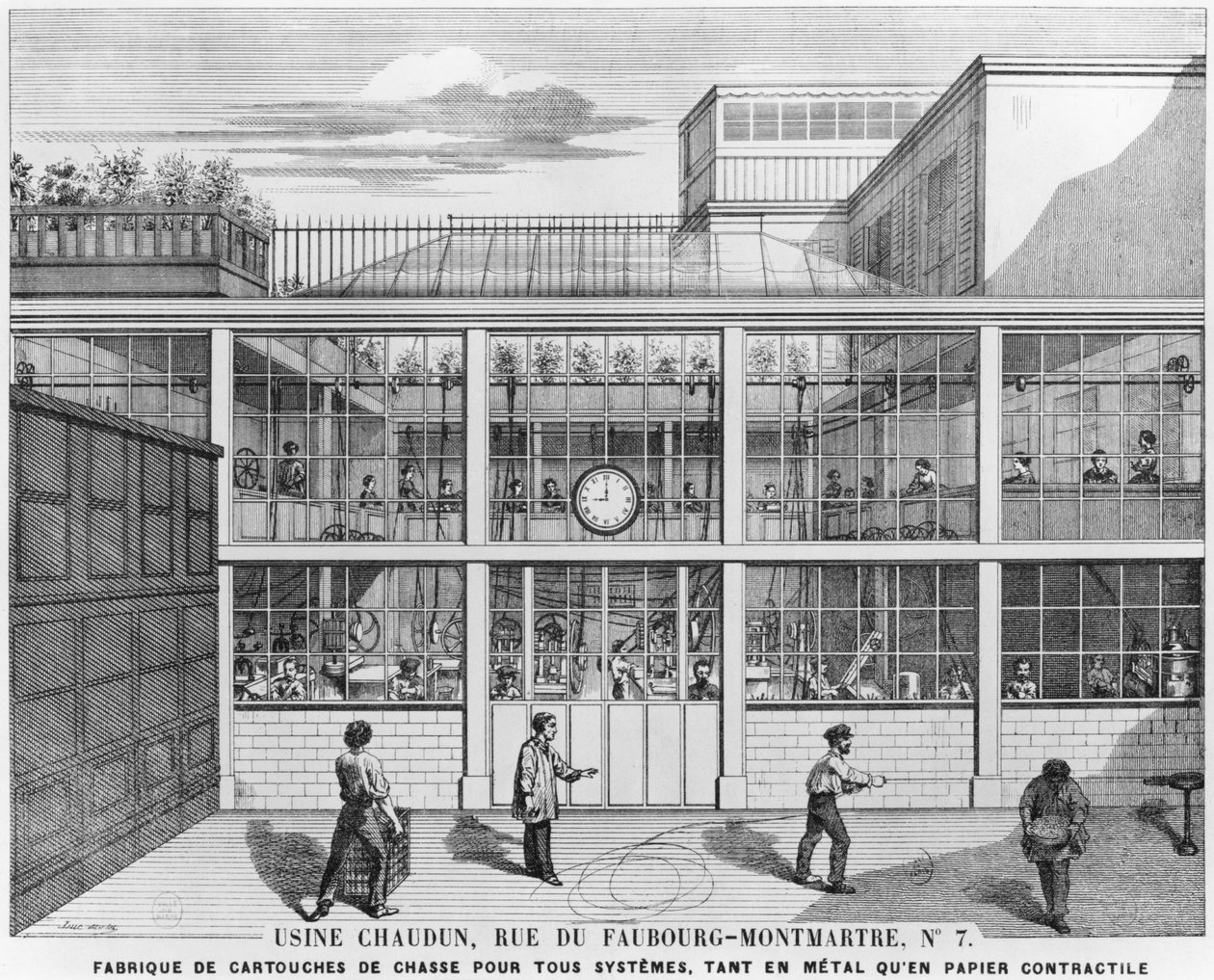 Fabrikk for haglepatroner, Usine Chaudun, rue du Faubourg Montmartre 7, Paris, gravert av Luc (1800-tallet) av French School