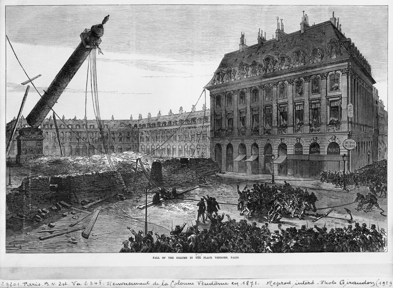 Søylens fall på Place Vendome, Paris, 1871 av French School
