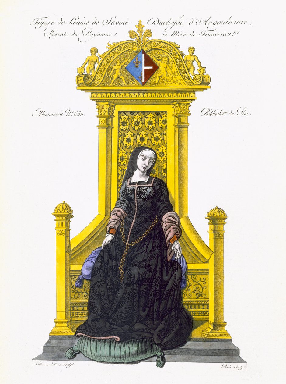 Figur av Louise de Savoie (fargeakvatint) av French School