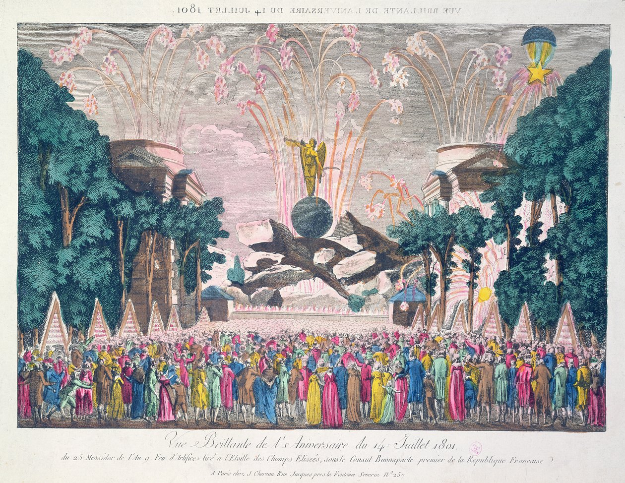 Fyrverkeri på Etoile, Champs-Elysees, Paris, for å feire årsdagen for 14. juli 1801 av French School