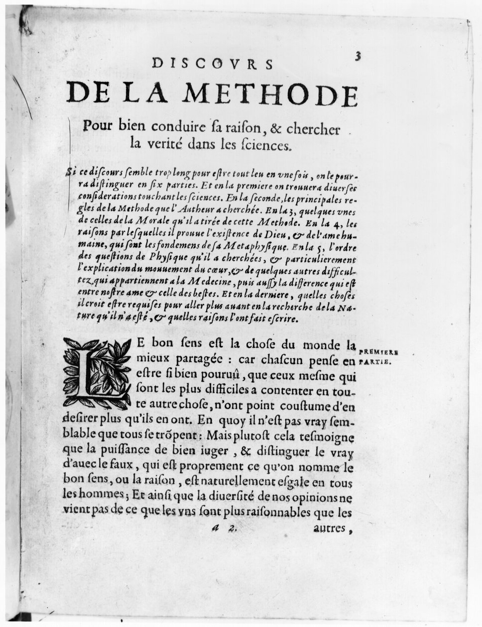Første side av 'Discours de la Methode' av Rene Descartes (1596-1650) av French School