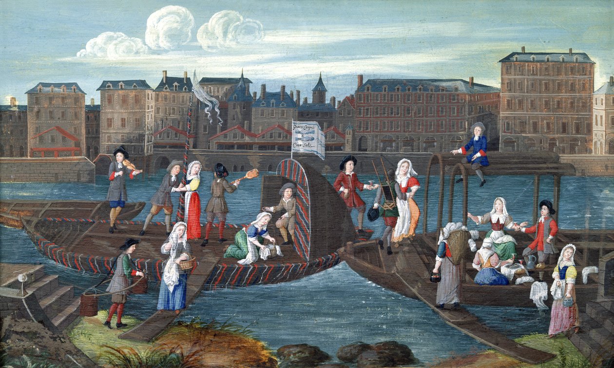 Fiskebutikk og vaskeribåt ved Quai de la Megisserie, ca. 1670 av French School