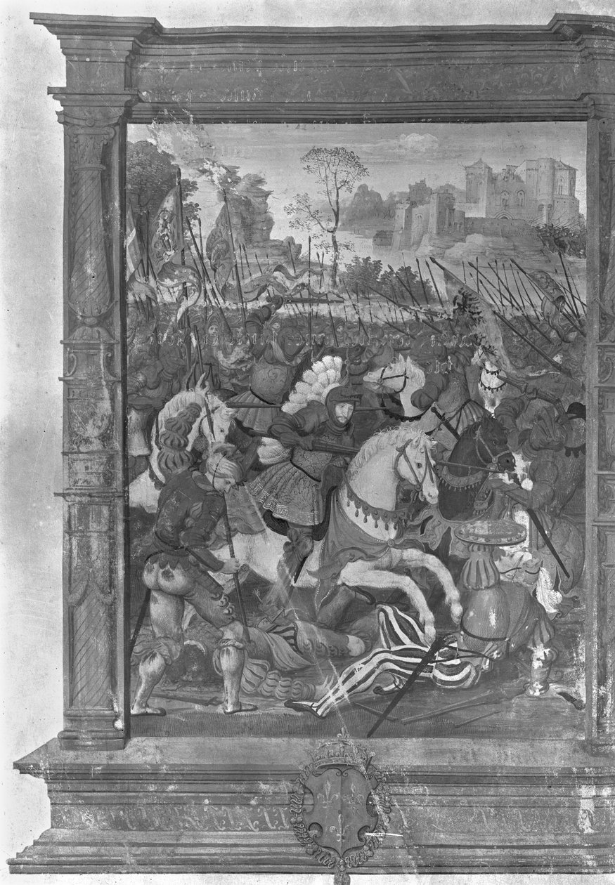 Fol.1 Francois I (1494-1547) angriper slaget ved Marignan, 14. september 1515 av French School