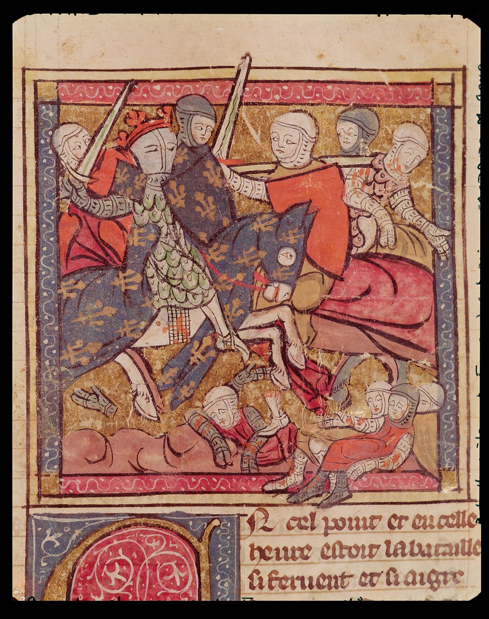 Fol.285r Fangsten av Ferdinand av Portugal (1186-1233) Greve av Flandern i slaget ved Bouvines, 27. juli 1214, fra Grandes Chroniques de France, 1375-79 av French School