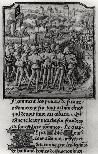 Fol.311 Krigsrådet til Philippe den dristige, hertugen av Burgund, Jean de France, hertugen av Berry og Louis II, hertugen av Bourbon ved Senlis, fra Froissarts Chronicle, ca. 1472 av French School