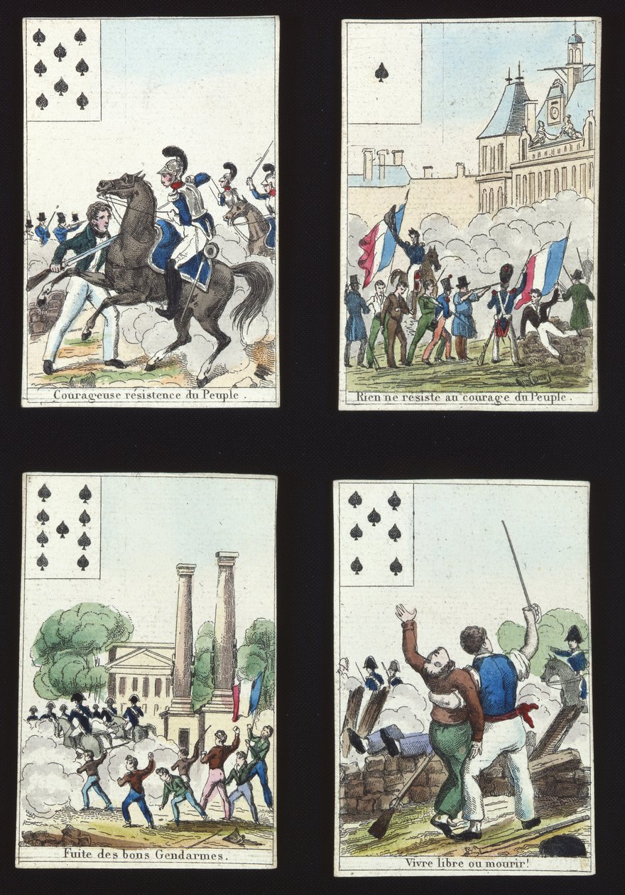 Fire kort fra en pakke illustrert med propagandascener fra 1830-revolusjonen, Paris, 1831 av French School