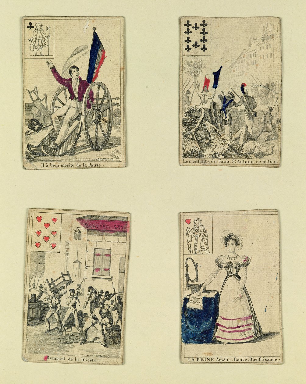 Fire spillkort til minne om heltene fra juli 1830, 1831 av French School