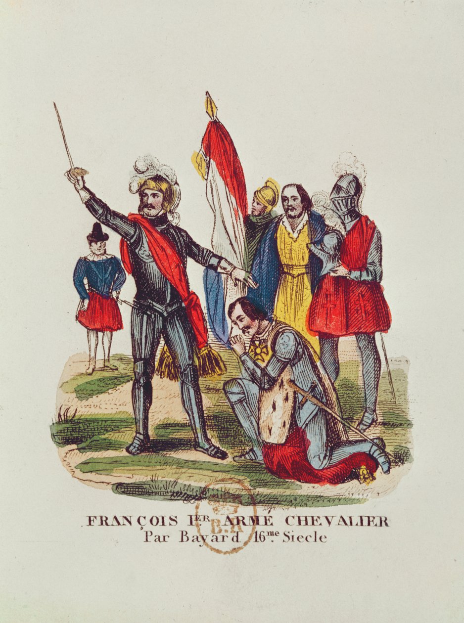 Francois I (1494-1547) konge av Frankrike og Pierre du Terrail (1476-1524) Chevalier Bayard, etter slaget ved Marignan i 1515, 1841 av French School