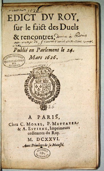 Frontispice fra Edict du Roy sur le Faict des Duels et Rencontres, mars 1626 (trykk) av French School