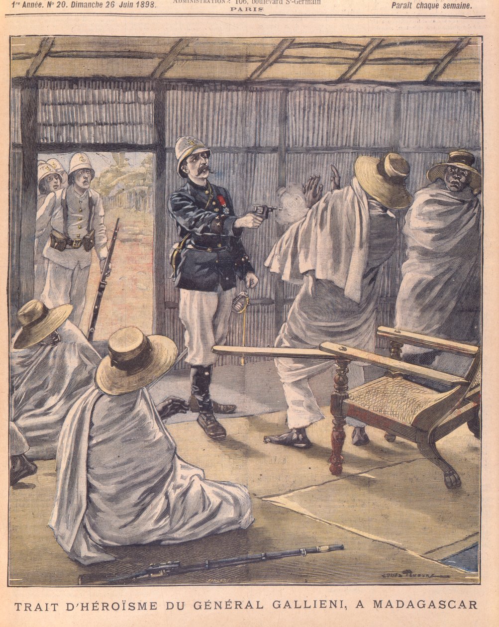 General Gallienis heltedåd på Madagaskar, forside av Le Petit Journal, 26. juni 1898 av French School