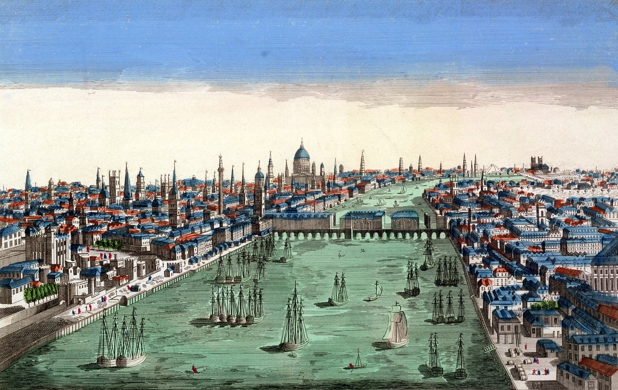 General View of London (farget etsning) av French School