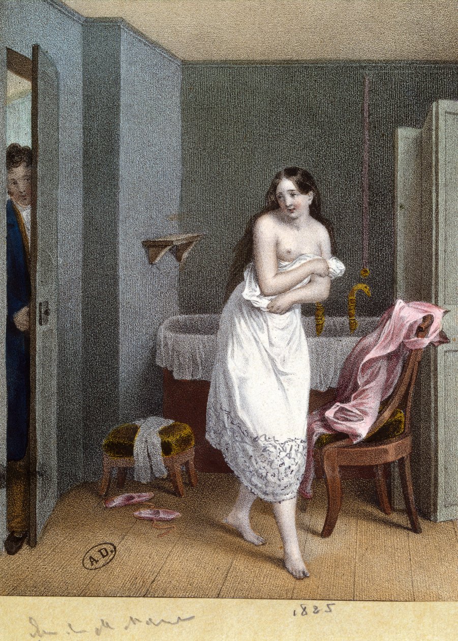 Jente på et bad og en mann som åpner døren, 1825 av French School