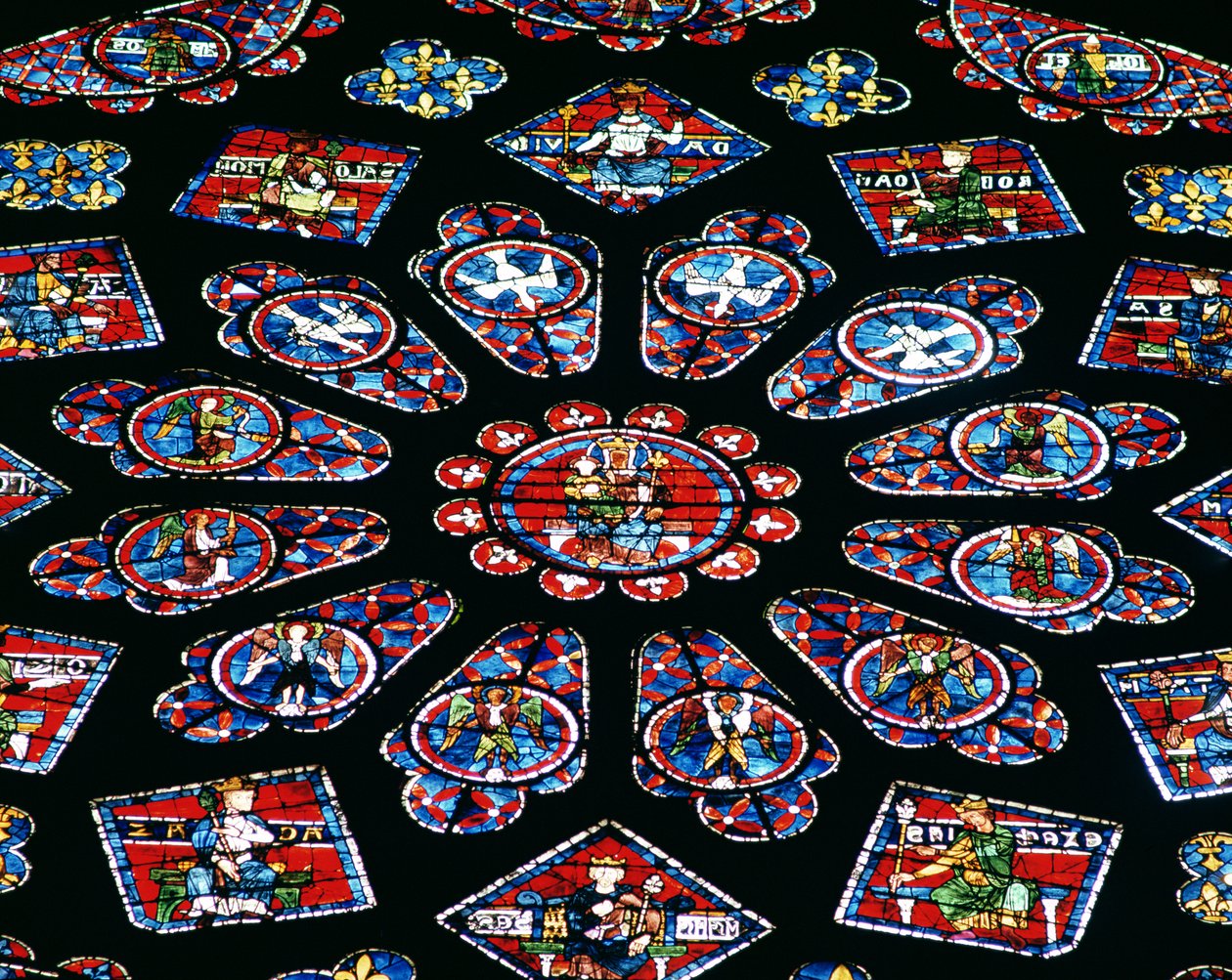 Glorification of the Virgin Mary, nordrosevindu, ca. 1223 (farget glass) (detalj) av French School