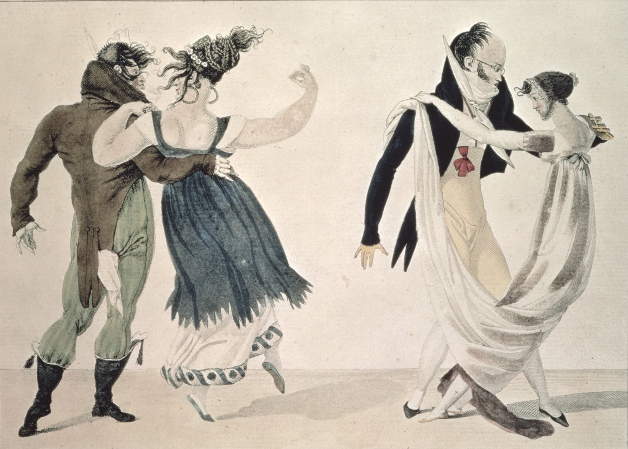Good Form, nr. 1: The Waltz, satirisk tegneserie, ca. 1820 av French School