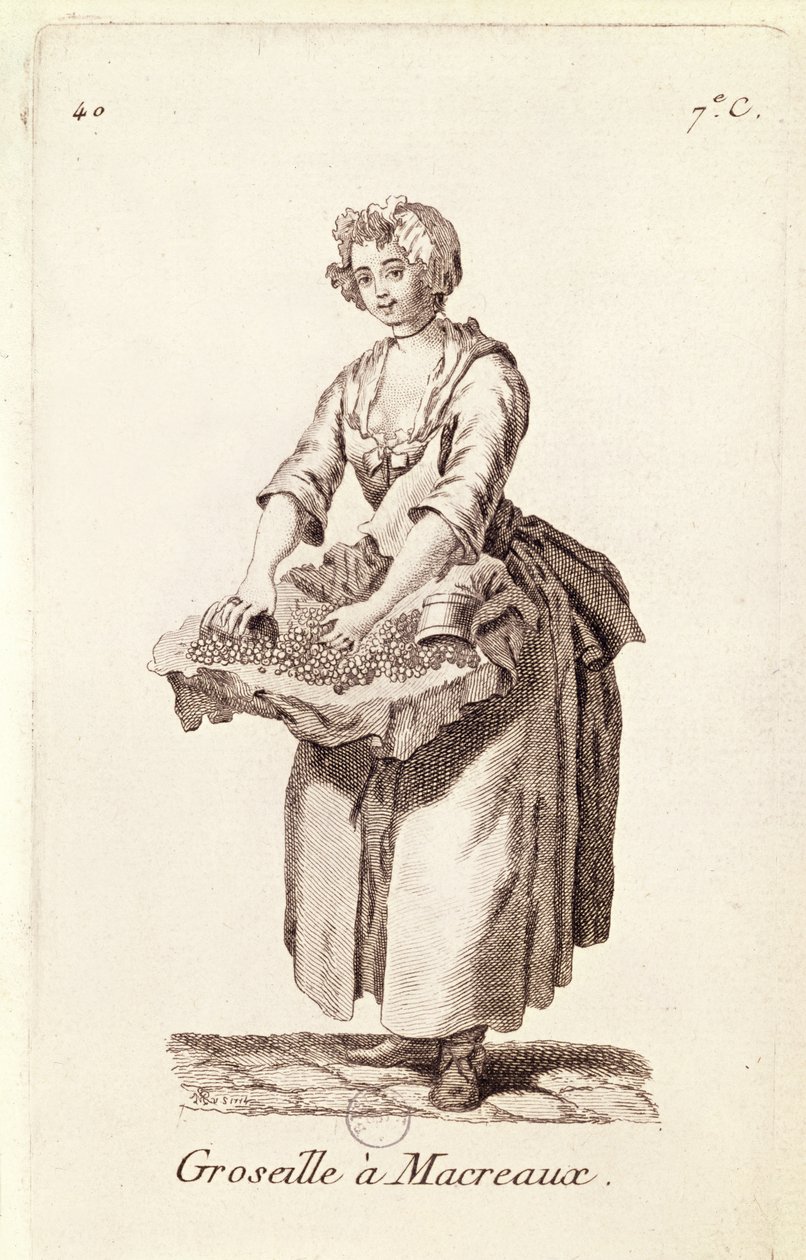 'Stillebær til makrell', stikkelsbærselgeren, fra 'Petits Metiers de Paris' av French School