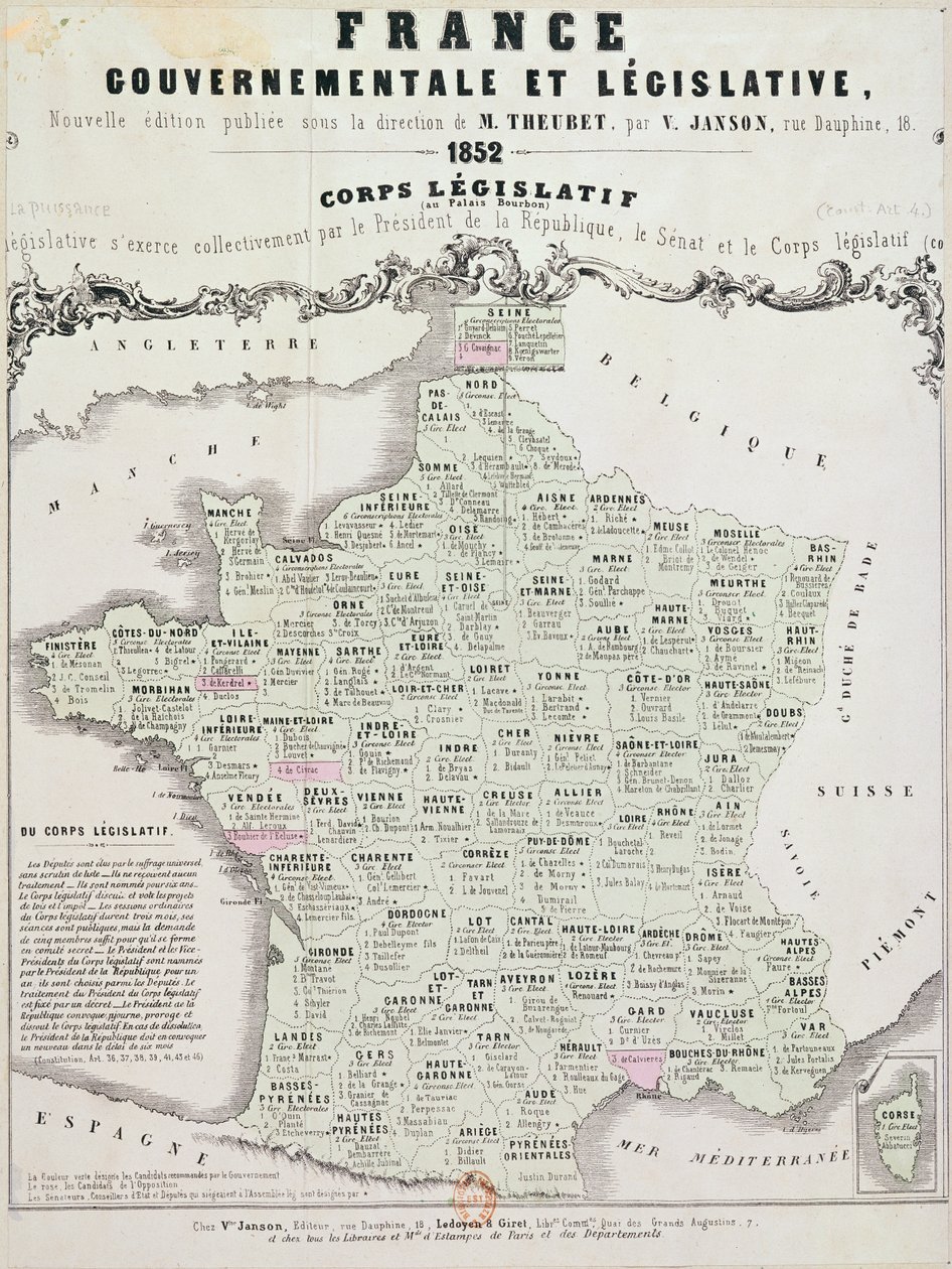 Offentlige og lovgivende kart over Frankrike, trykt av Ledoyen und Giret, Paris, 1852 av French School