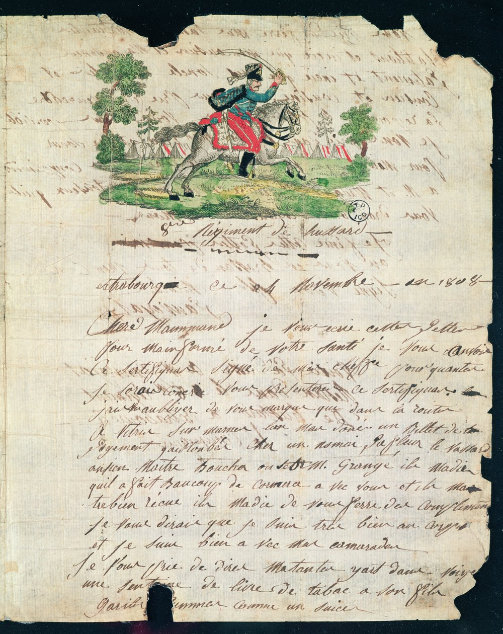 Illustrert brev fra en husar fra 8. regiment til sin mor, 14. november 1808 (penn og blekk og wc på papir) av French School