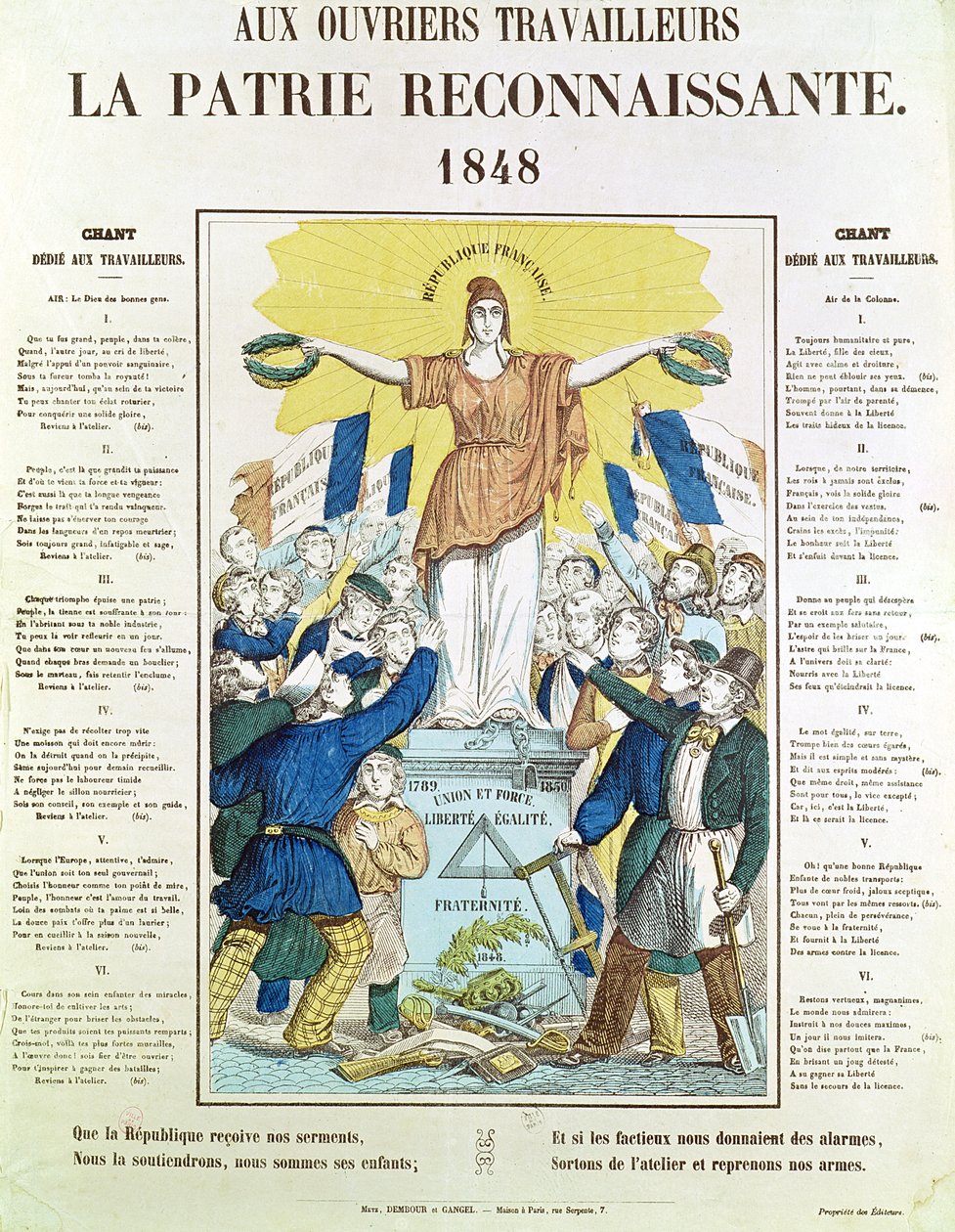 Illustrert tekstark for en sang dedikert til arbeiderne, 1848 av French School