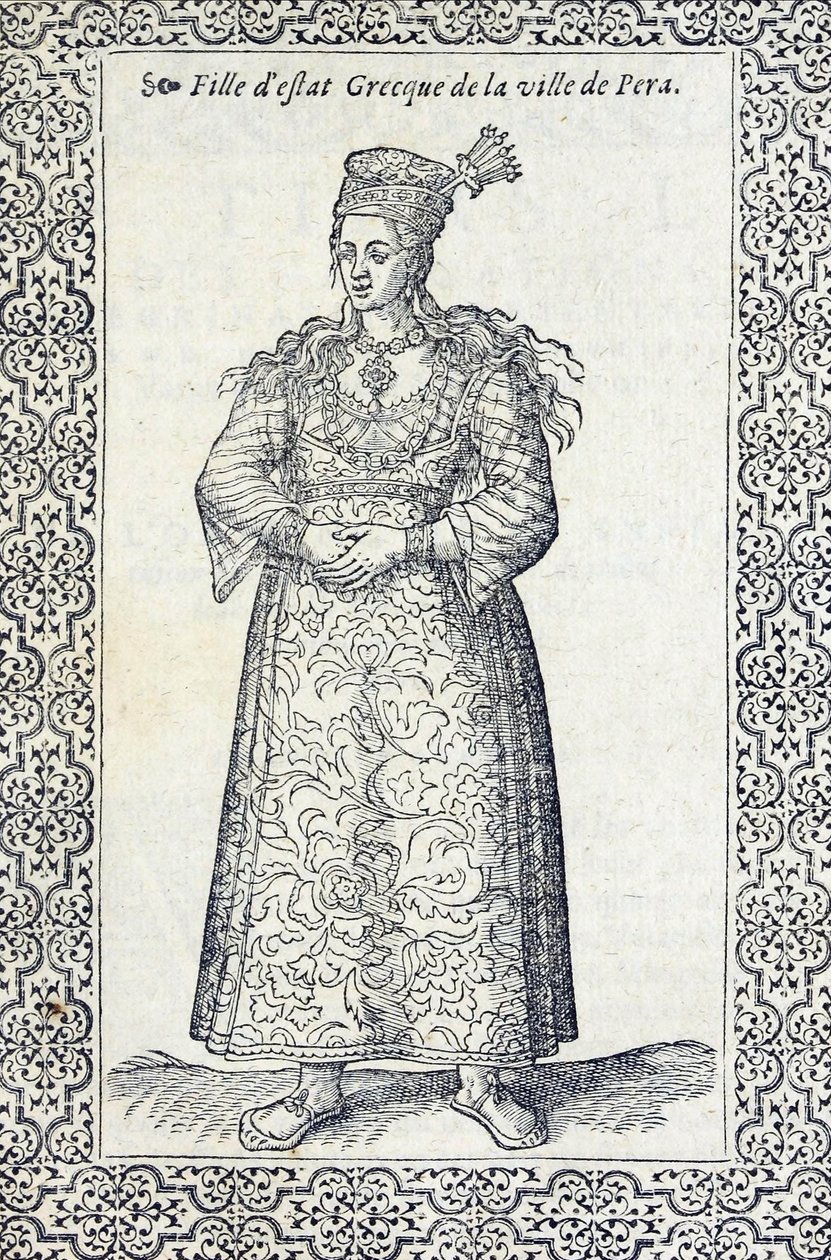Illustrasjon av en gresk jente fra Pera, fra Les navigations, peregrinations et voyages, faicts en la Tyrkia, av Nicolas de Nicolay, før 1576 av French School