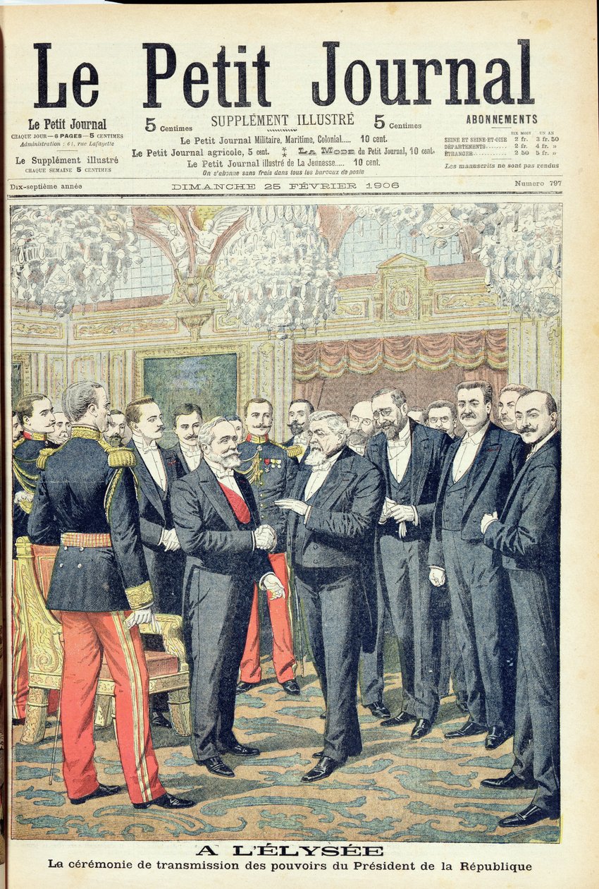 I Elysee-palasset, den seremonielle overføringen av makten til presidenten for den franske republikk, illustrasjon fra 