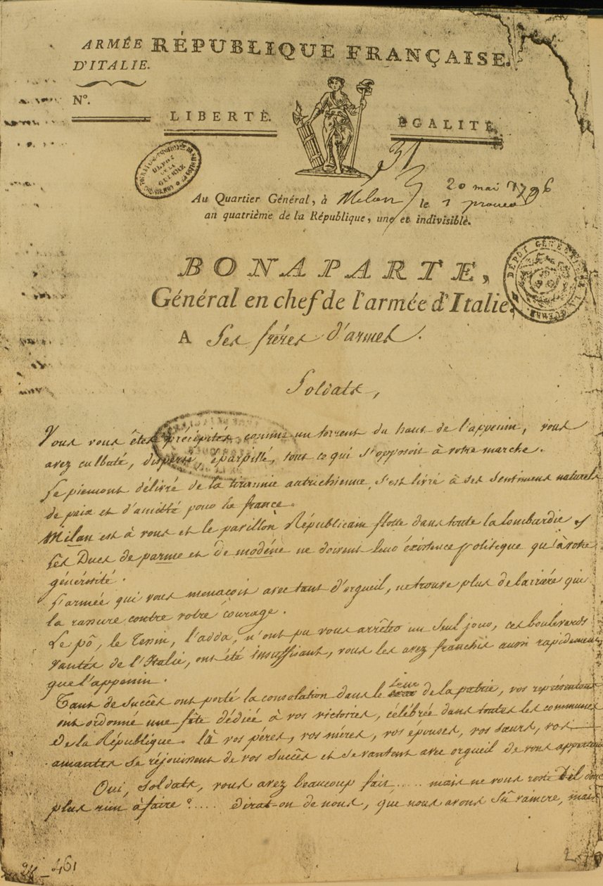 Instruksjoner til soldater utstedt av Napoleon som general for den italienske hæren, 20. mai 1796 av French School