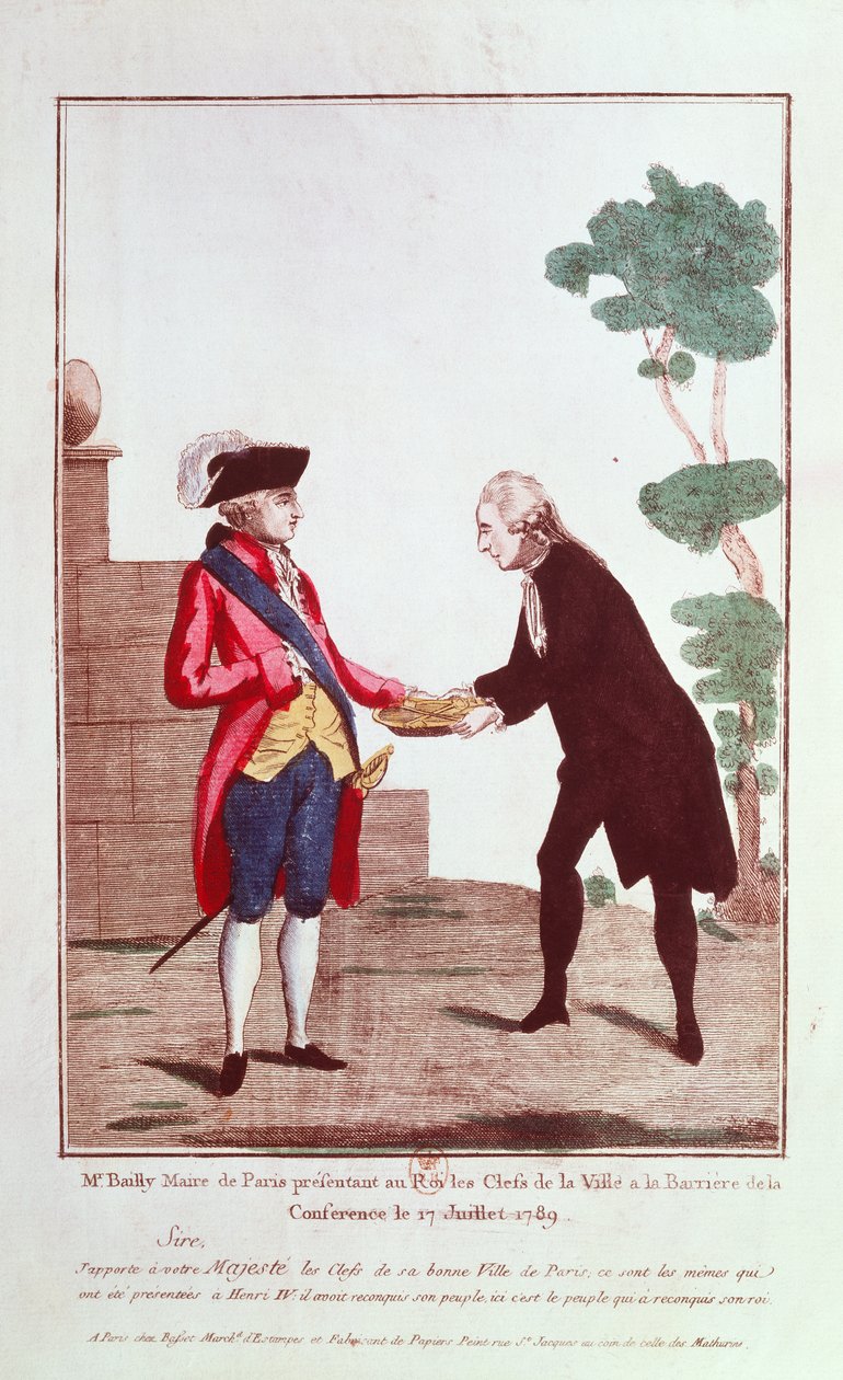 Jean Sylvain Bailly (1736-93) overrakte Louis XVI (1754-93) nøklene til byen Paris, 17. juli 1789 av French School