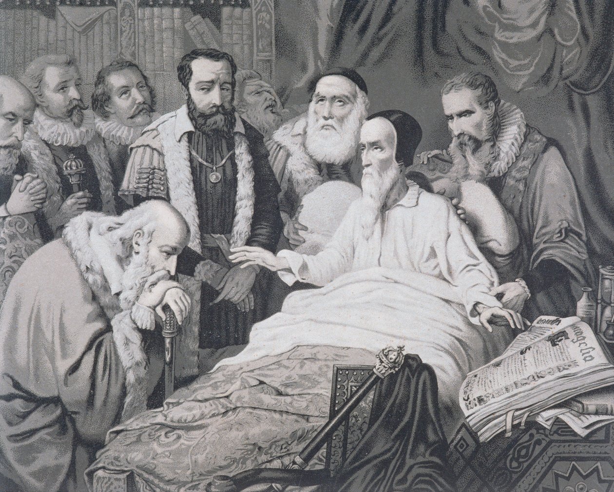 John Calvin (1509-1564) på sin dødsleie av French School