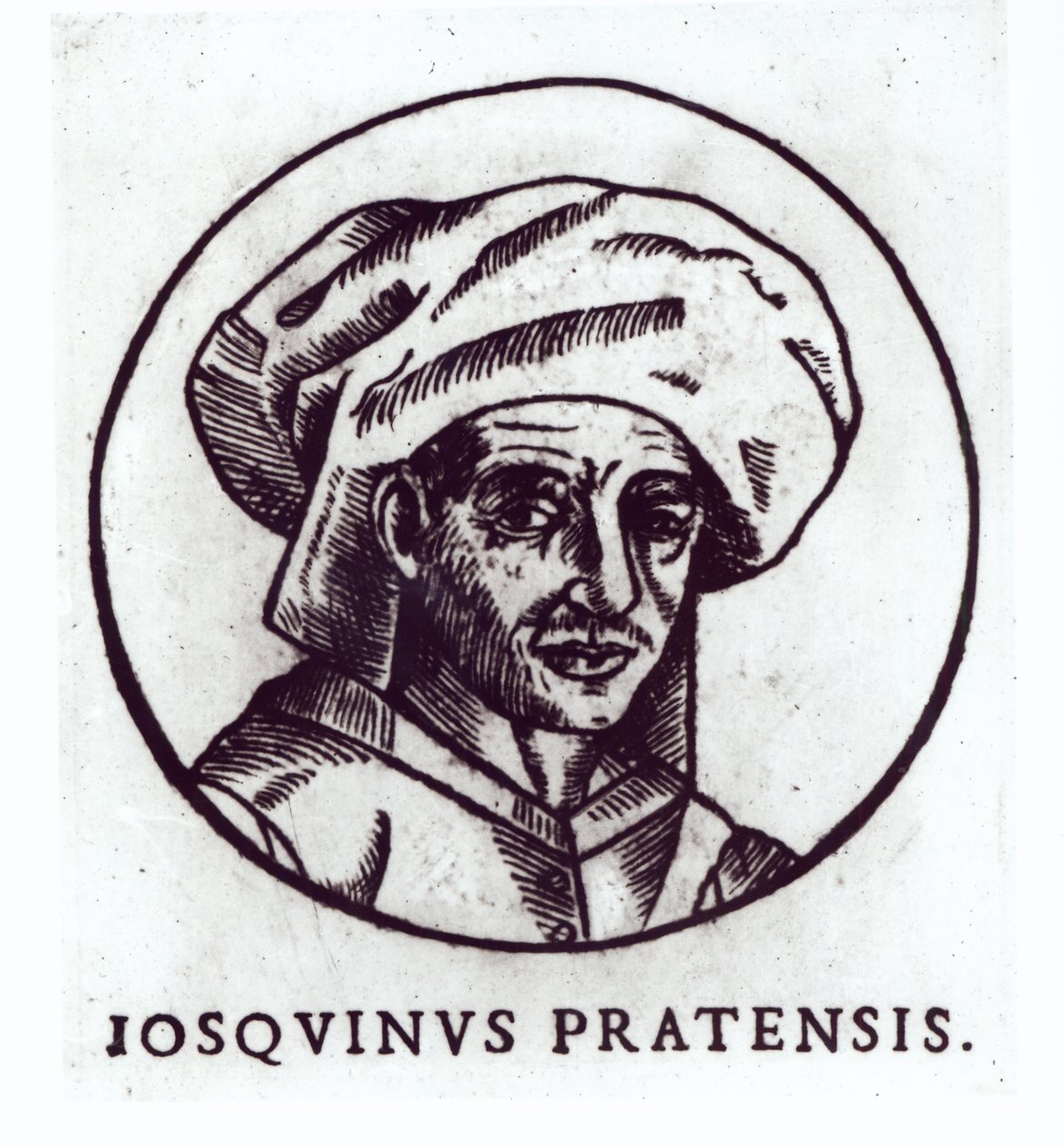 Josquin des Pres (ca. 1440-1521) gravert fra et verk i St. Gudule-katedralen, Brussel av French School