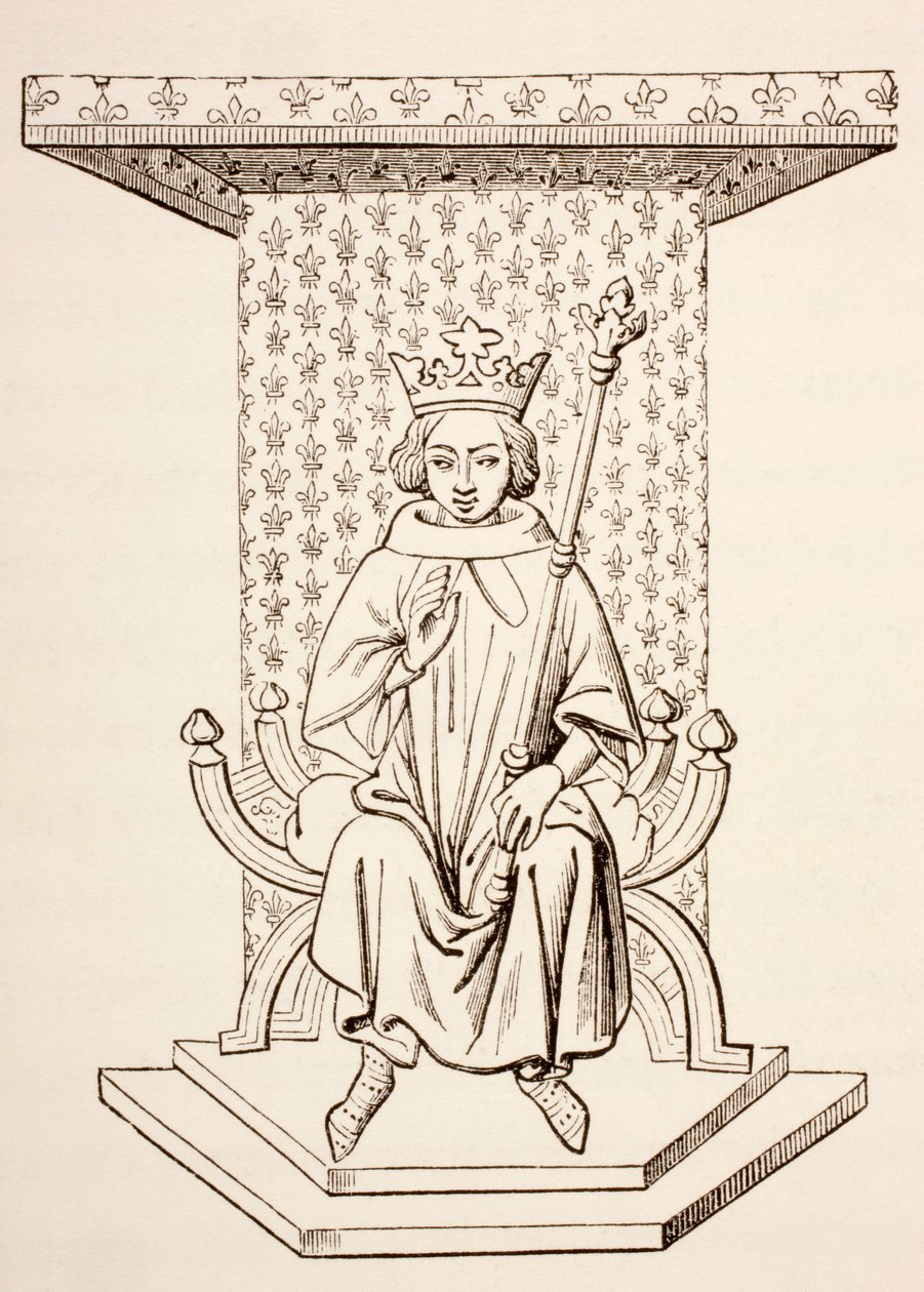 Kong Louis IX av Frankrike på sin trone med Fleur-de-Lis-motiv, 1873 av French School