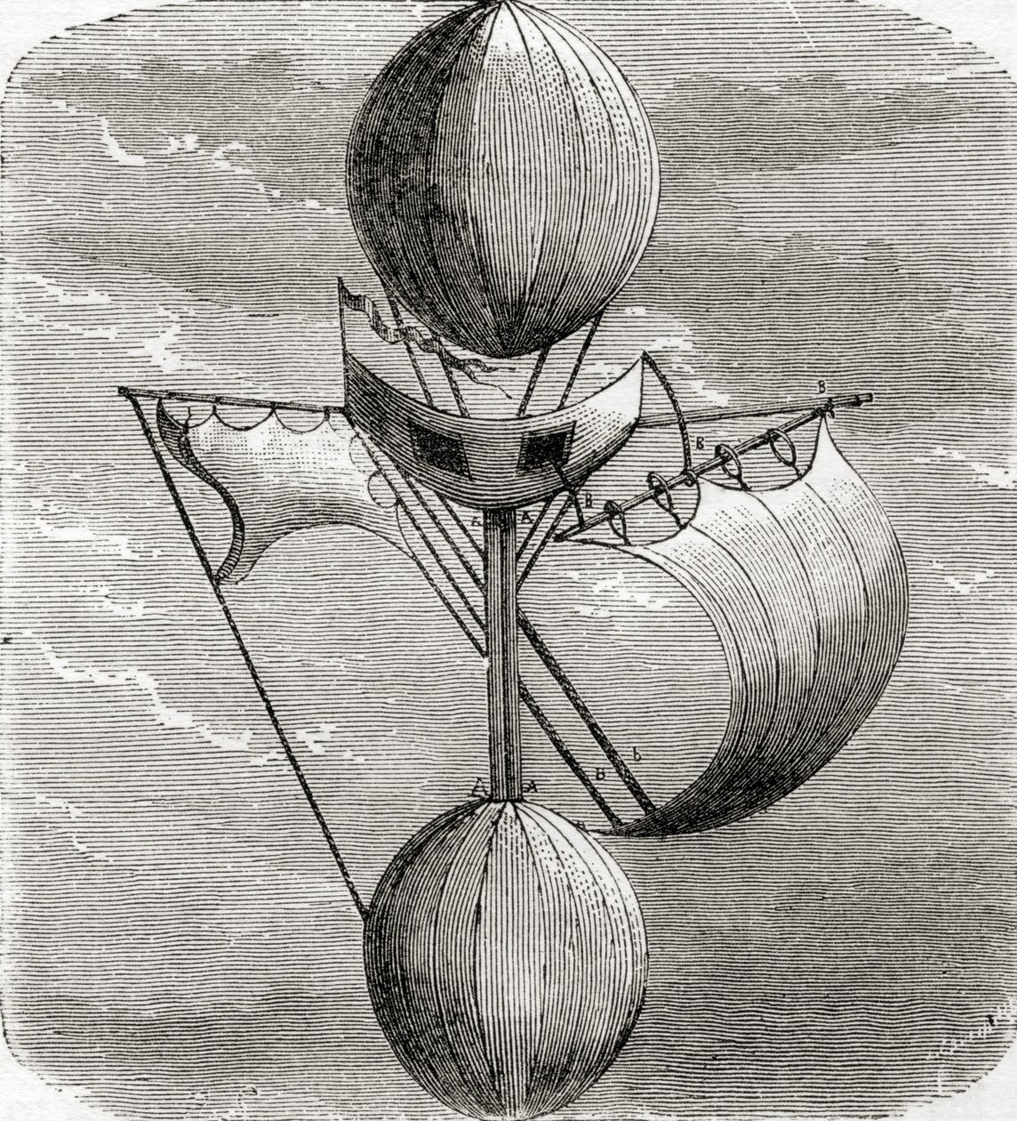 Lana's Flying Machine, fra 'Wonderful Balloon Ascents or the Conquest of the Skies', av Fulgence Marion, utgitt ca. 1870 av French School