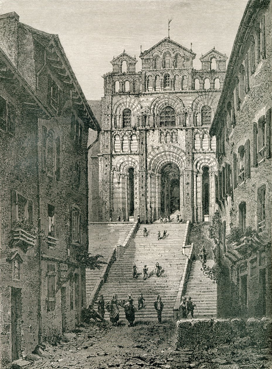 Le Puy Cathedral, Le Puy-en-Velay, Auvergne, på 1800-tallet, fra 'French Pictures' av pastor Samuel G. Green, utgitt 1878 av French School