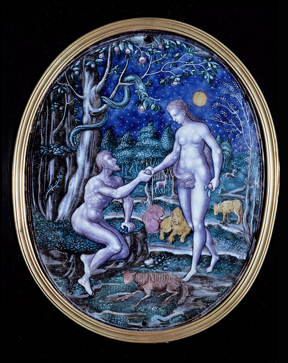Limoges plakett som viser Adam og Eva, ca. 1570 (emalje) av French School
