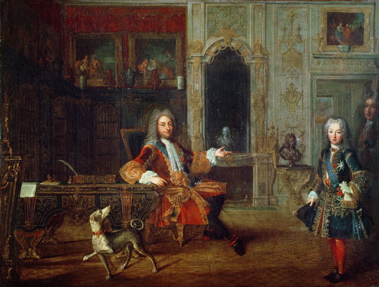 Louis XV (1710-74) og regenten, Philippe II (1674-1723) hertug av Orleans i studiet av Grand Dauphin i Versailles, ca. 1720 av French School
