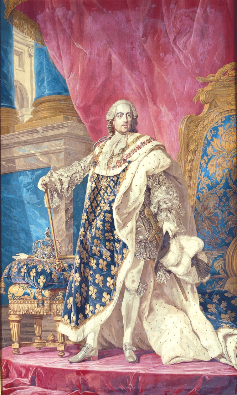 Ludvig XV (1710-74) i kroningskåper (teppe) av French School